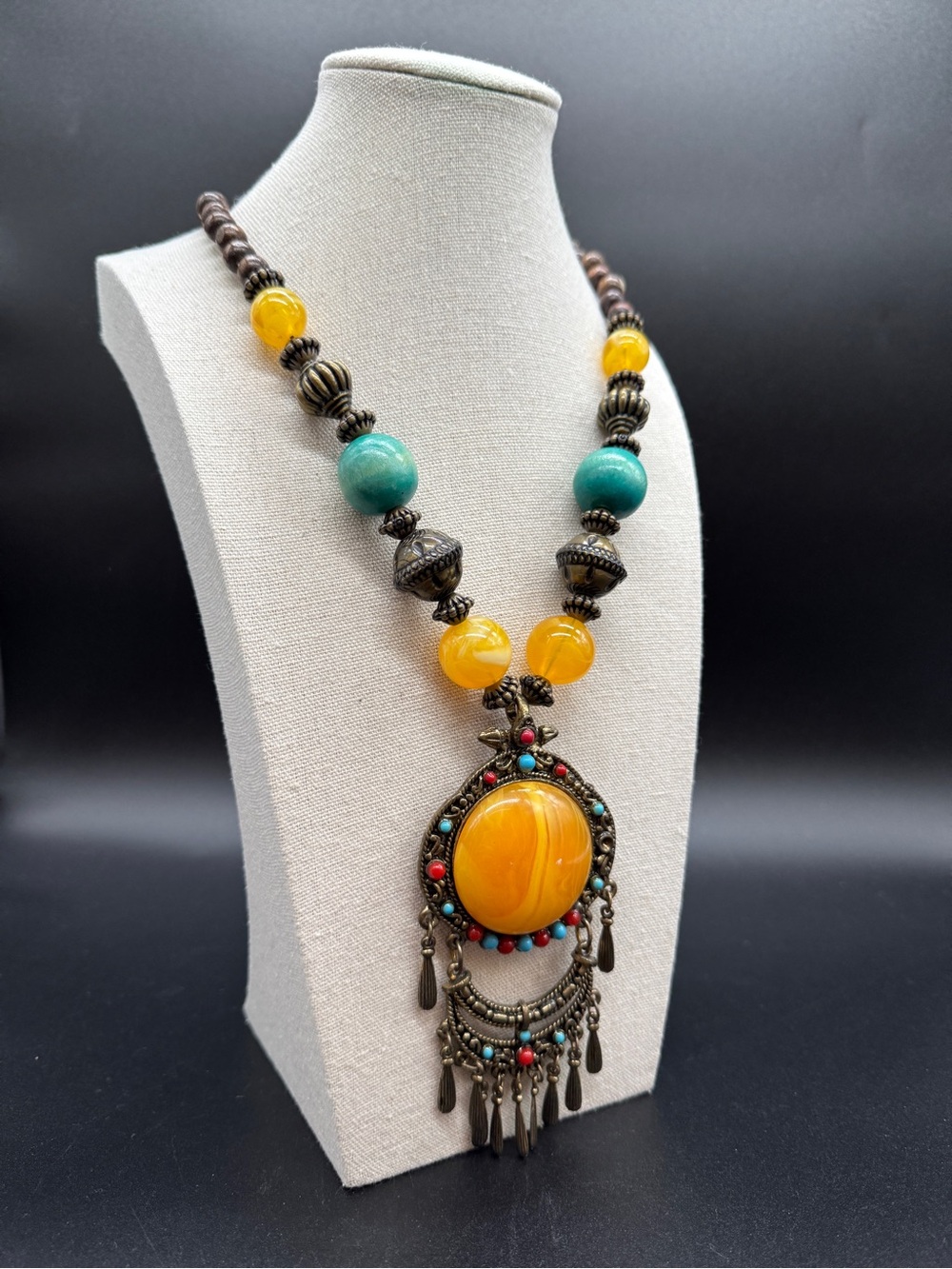 Statement Boho Beaded Necklace and Glass Pendant Orange Turquoise Metal 20 in